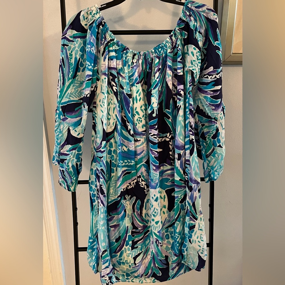 Lilly Pulitzer Vibrant Blue and Green Off the Shoulder Dress